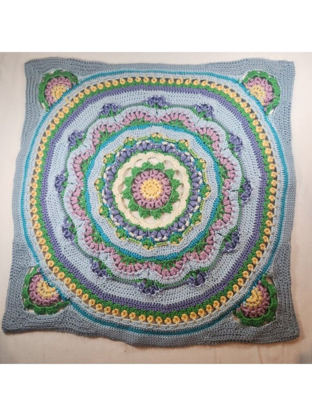 Handmade Crochet Mandala Blanket Square Floral Boho Throw Blue Purple 28x28